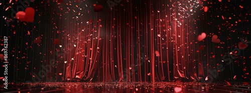 An elaborate red curtain backdrop enhanced by a flow of rose petals, evoking a majestic and captivating ambiance photo
