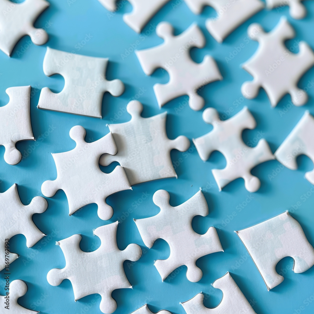 White puzzle pieces arranged on a blue background White puzzle pieces arranged on a blue background