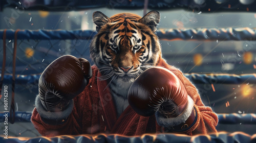 Tiger in a boxing robe and gloves standing in a boxing ring, ready to fight