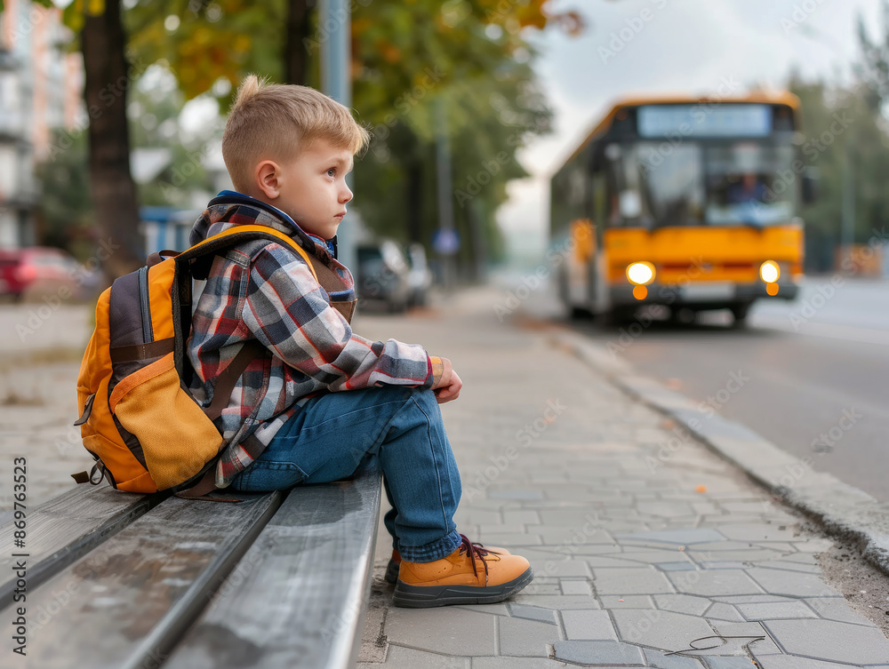 Little blonde boy sitting at the bus stop waiting for the school bus. The boy with a backpack with school supplies on the way to the classroom.