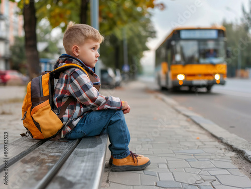 Obraz na płótnie Little blonde boy sitting at the bus stop waiting for the school bus. The boy with a backpack with school supplies on the way to the classroom. w salonie