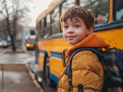 A young boy in a yellow jacket and backpack smiling as he waits by a school bus on a cloudy day © JMDuran Photography