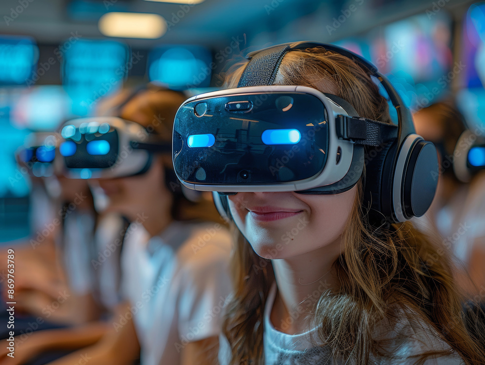 High-tech class with young students using virtual reality glasses in science high school classroom High-tech class with young students using virtual reality glasses in science high school classroom