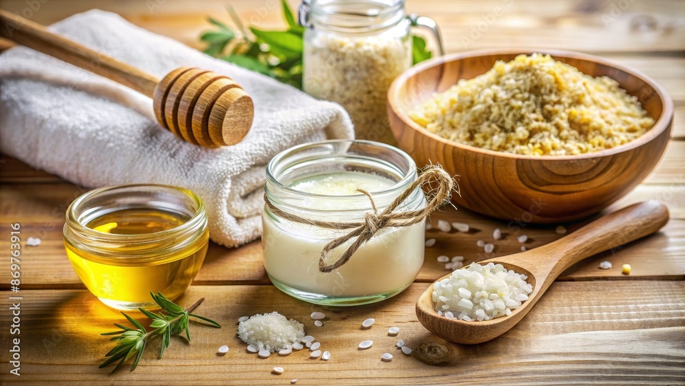 Spa Relaxation Honey, Sea Salt, Cream and Wooden Spoon on Rustic Table Spa Relaxation Honey, Sea Salt, Cream and Wooden Spoon on Rustic Table