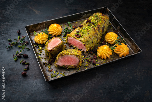 Fried mangalica pork tenderloin coated with crashed pistachio nuts, grated parmesan and chopped cranberries offered with princess potatoes as close-up on a rustic black metal tray photo
