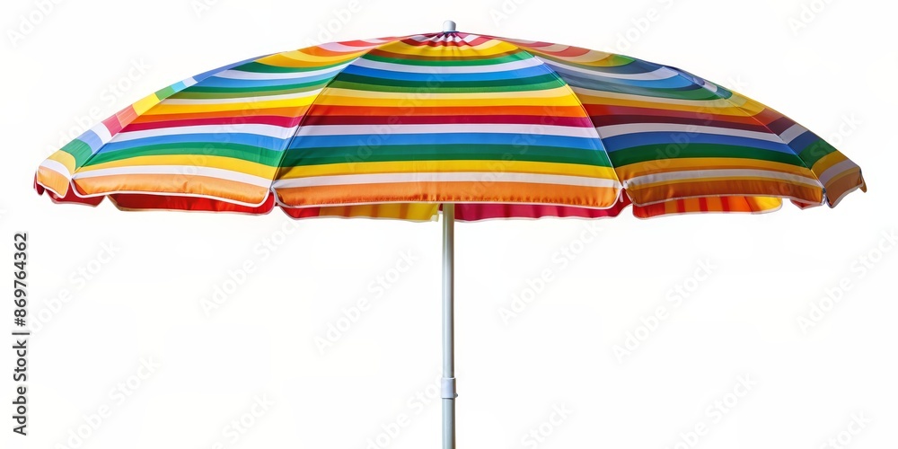 Fototapeta premium Striped Beach Umbrella on White Background for Copy Space , Canopy, Shade, Summer, Colorful, Design