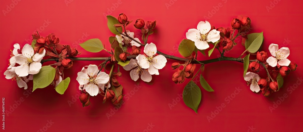 Isolated branch of an apple tree with blossoms, arranged on a red background in a flat lay style, providing a dramatic copy space image. Isolated branch of an apple tree with blossoms, arranged on a red background in a flat lay style, providing a dramatic copy space image.