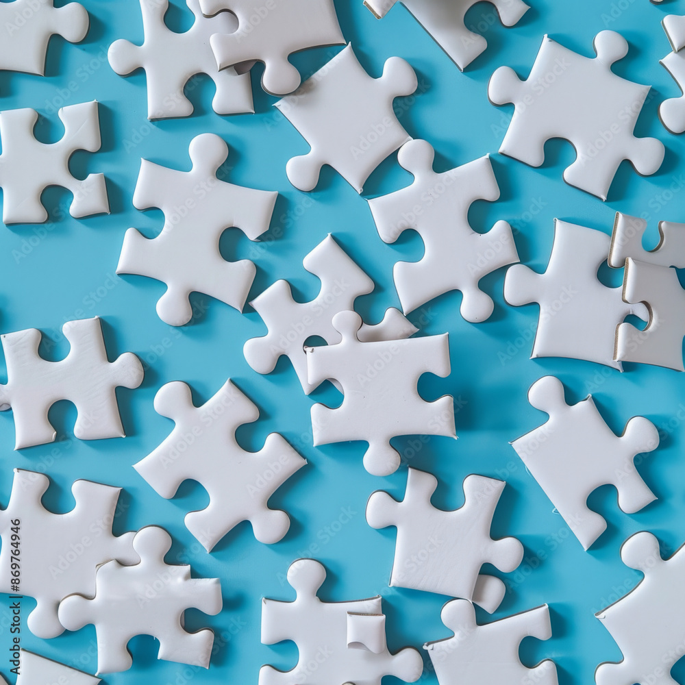 White puzzle pieces arranged on a blue background White puzzle pieces arranged on a blue background