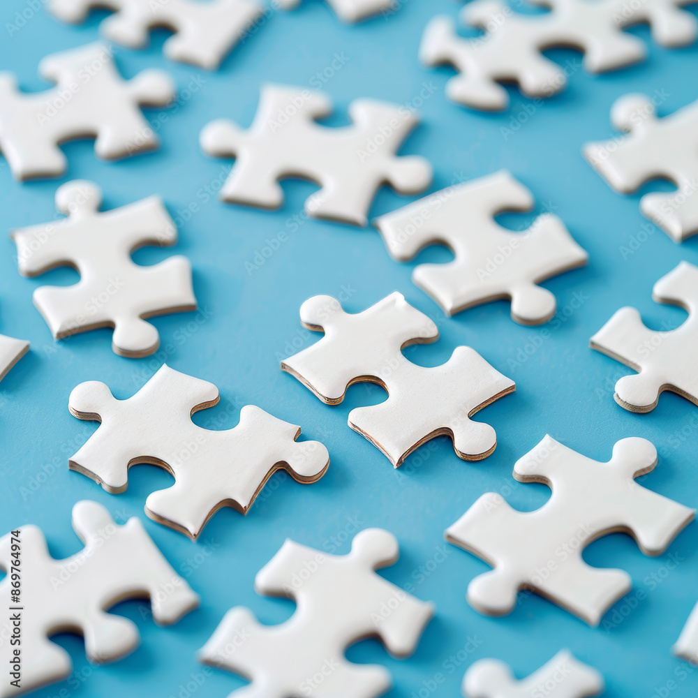 White puzzle pieces arranged on a blue background White puzzle pieces arranged on a blue background