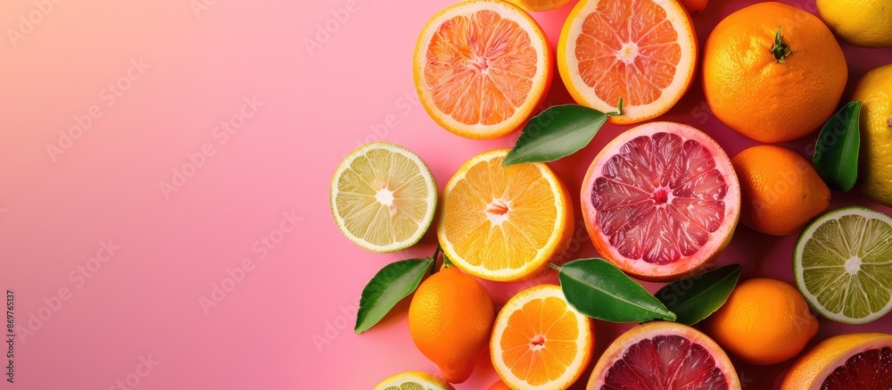 Citrus fruits laid out beautifully on a colored background with a bit of space for text. Copy space image.
