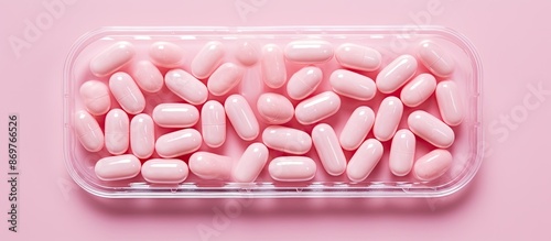 Top view of pills in a blister pack on a pink background with ample space for additional imagery. photo