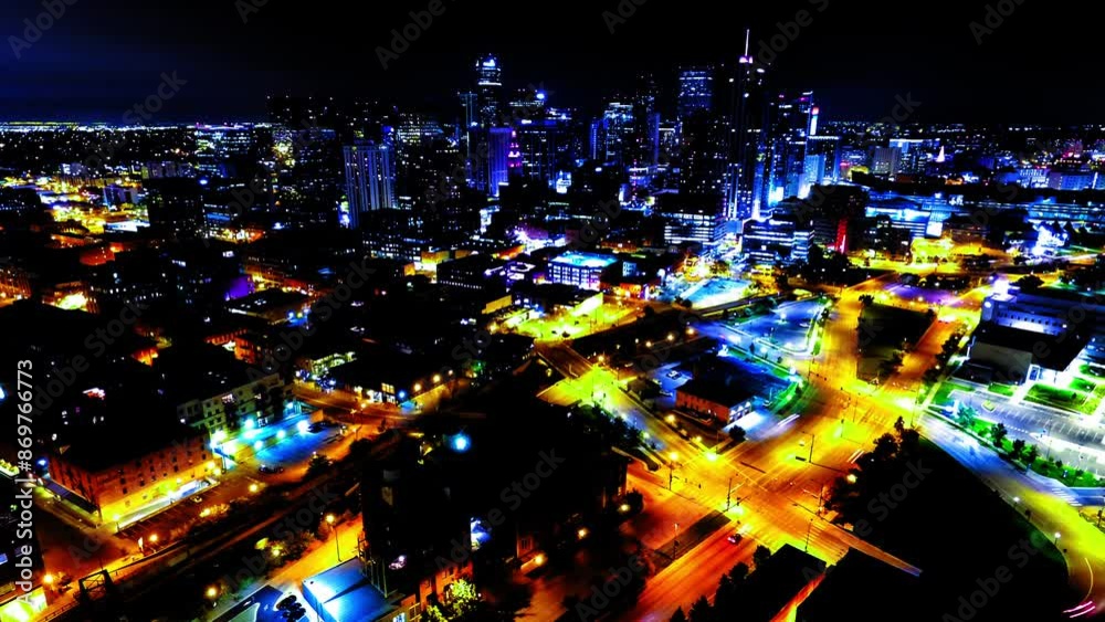Aerial Lockdown Time Lapse Shot Of Illuminated Residential Cityscape Against Clear Sky At Night - Denver, Colorado Aerial Lockdown Time Lapse Shot Of Illuminated Residential Cityscape Against Clear Sky At Night - Denver, Colorado
