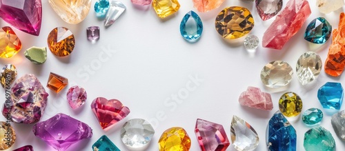Various loose colorful gemstones on a white backdrop, perfect as copy space for jewelry and gem-themed wallpaper. © HN Works
