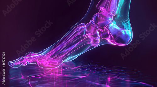 3D rendering of a foot with X-ray effect highlighting bones design, depicting anatomy and medical study. Vivid colors and realistic design