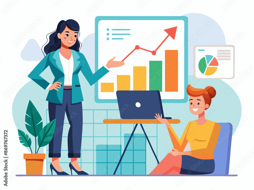 A businesswoman giving a presentation with a rising graph A businesswoman giving a presentation with a rising graph