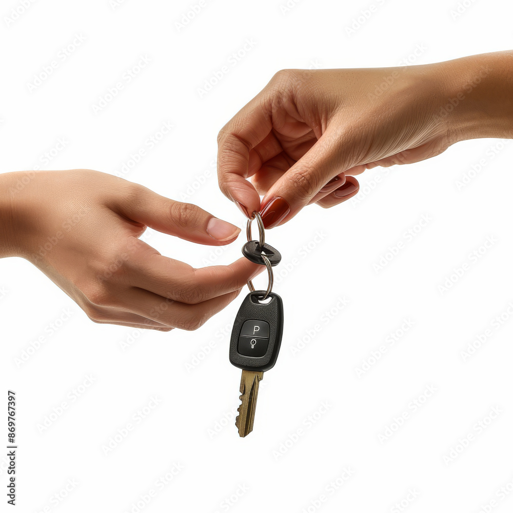 Two hands exchanging a car key, isolated on a white background Two hands exchanging a car key, isolated on a white background