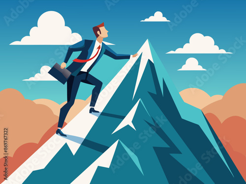 A businessman climbing a mountain symbolizing success