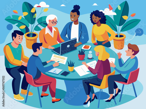 A group of diverse colleagues brainstorming around a table