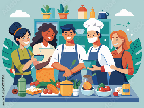 Team members participating in a cooking class together