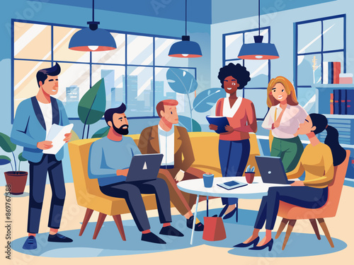 A diverse group of employees discussing ideas in a casual office lounge
