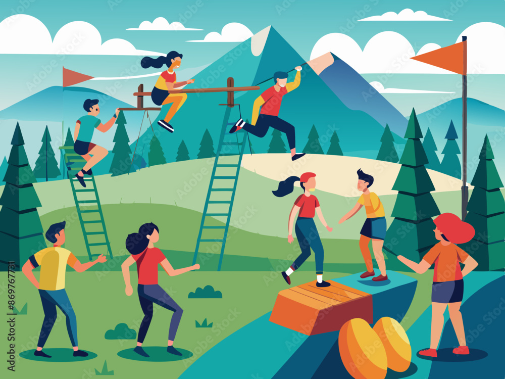 Obraz premium A team participating in an outdoor obstacle course