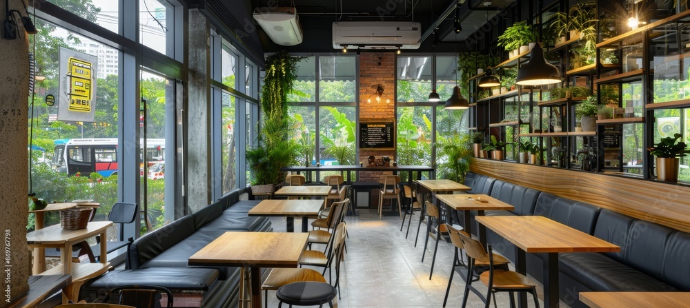 Chic Urban Café with Air Conditioning, Cozy Wooden Tables, and Lush Green Decor for a Relaxing Experience Chic Urban Café with Air Conditioning, Cozy Wooden Tables, and Lush Green Decor for a Relaxing Experience