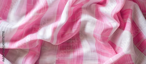 Close-up image of a pink and white striped cotton fabric texture, ideal as a background with copy space image for various applications like clothes or curtain design. photo
