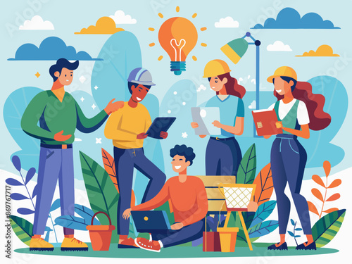 Workers engaged in a group brainstorming activity outdoors