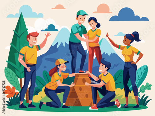 A group of workers participating in a team-building outdoor adventure