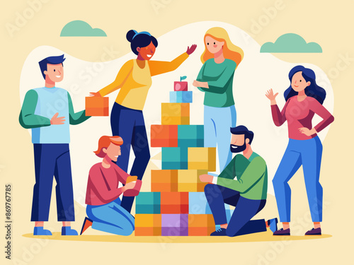Team members participating in a team-building exercise with building blocks
