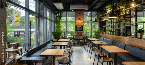 Chic Urban Café with Air Conditioning, Cozy Wooden Tables, and Lush Green Decor for a Relaxing Experience photo