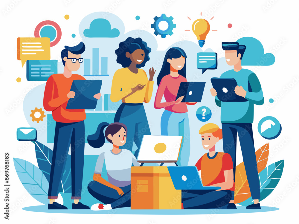 A team working on a group project with digital devices A team working on a group project with digital devices