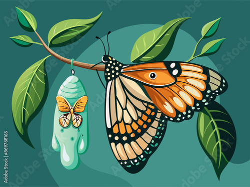 A butterfly emerging from a chrysalis