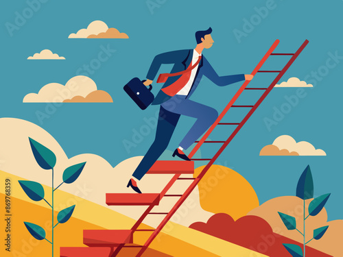 A person climbing higher on a career ladder