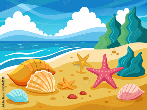Shells and starfish on the shore