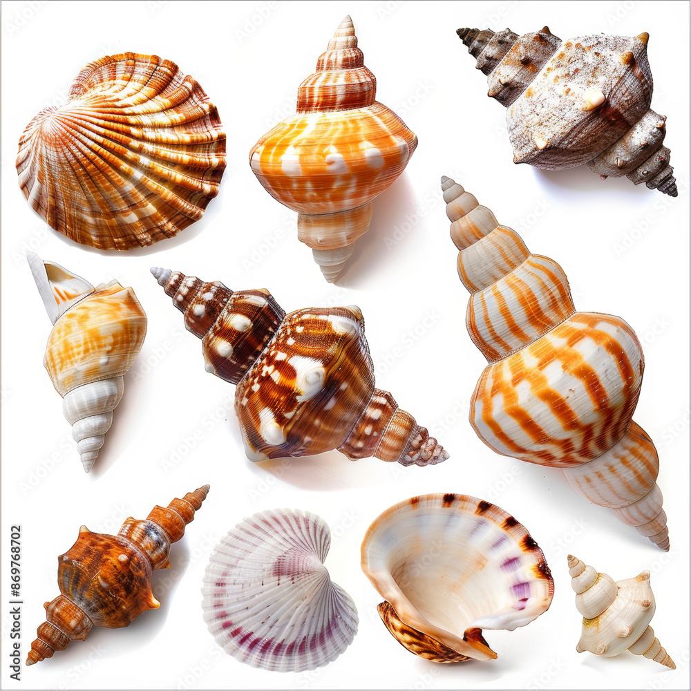 A set of sea shells isolated on a white background A set of sea shells isolated on a white background