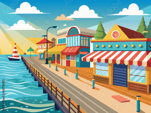 A seaside boardwalk with shops
