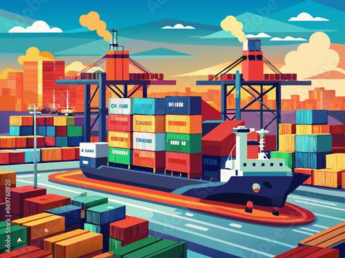 A cargo ship anchored at a busy port, containers stacked high on its deck