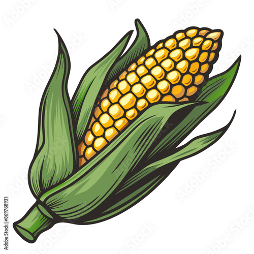 Vibrant hand-drawn illustration of fresh corn cob, a staple farm produce and nutritious vegetable, isolated on a summertime background. Perfect for agricultural, farming, and natural food designs