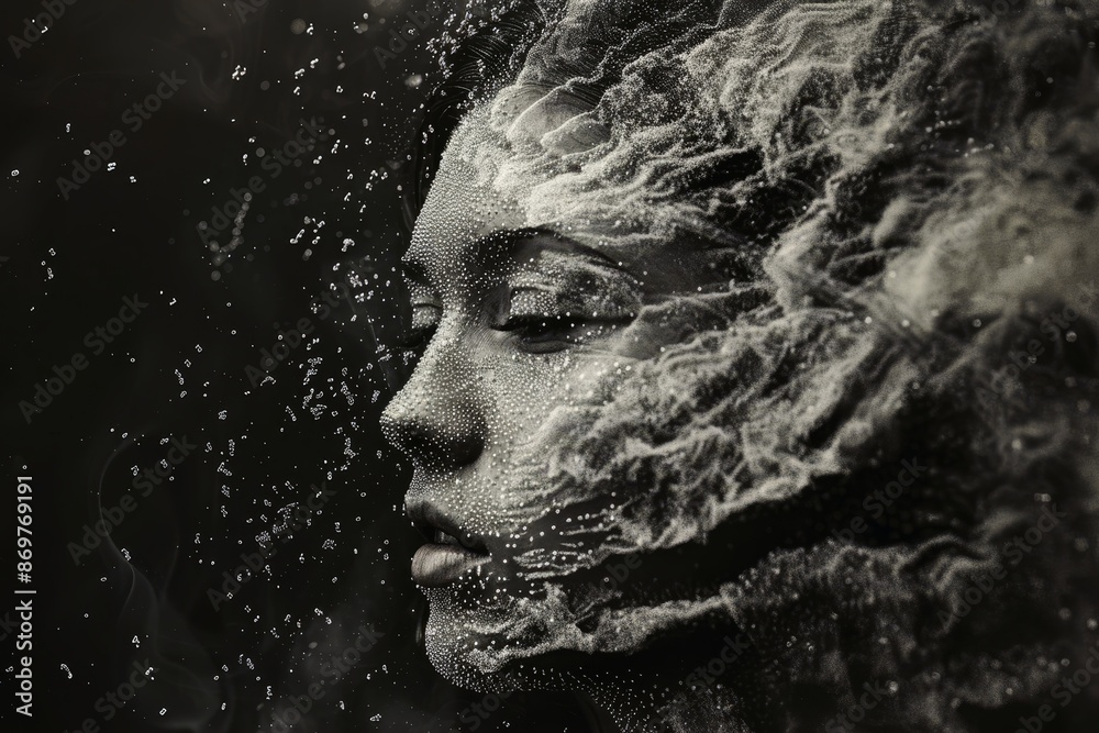 A mesmerizing portrait of a woman made of particles. A mesmerizing portrait of a woman made of particles.