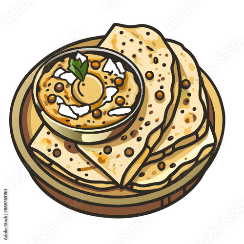 Vibrant illustration showcasing delicious hummus topped with a chickpea and a leaf of basil next to fluffy pita bread, perfect for food-related content and culinary designs