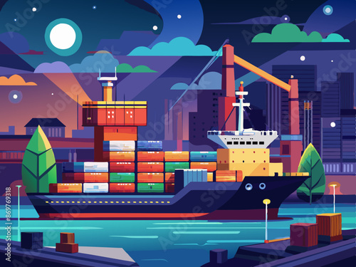 A night scene of a cargo ship at a well-lit port