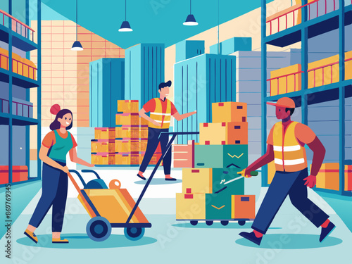 Workers using hand trucks to move cargo in a warehouse