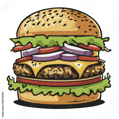 Colorful hand-drawn vector illustration of a classic stacked burger with double patty. Bacon. Lettuce. Tomato. Onion. Cheese. And sesame seed bun. Representing delicious american cuisine