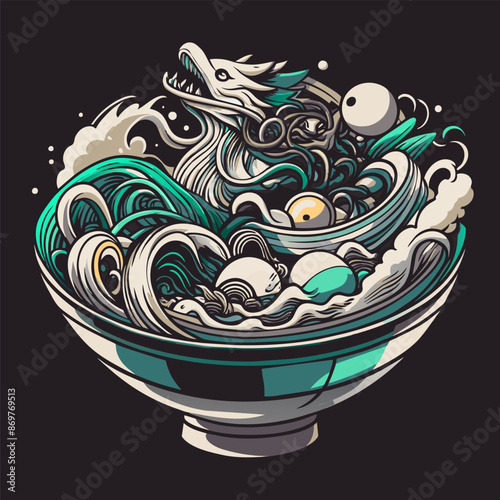 This intricately designed illustration features a steaming bowl of asian ramen transformed into a mythical dragon, symbolizing the rich flavors and cultural heritage of this popular noodle soup dish