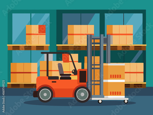 A forklift stacking cargo boxes in a warehouse