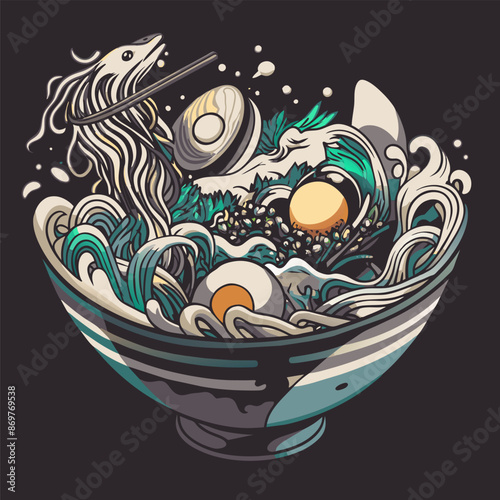 Artistic illustration of a colorful ramen bowl with a stylized dragon, lush greens, noodles, and eggs, capturing the essence of asian cuisine with a fantasy twist on a dark background