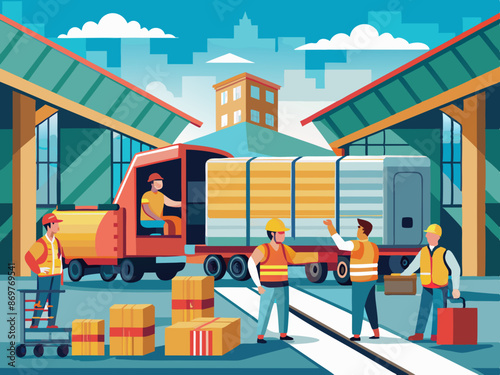 Workers unloading cargo from a train at a depot