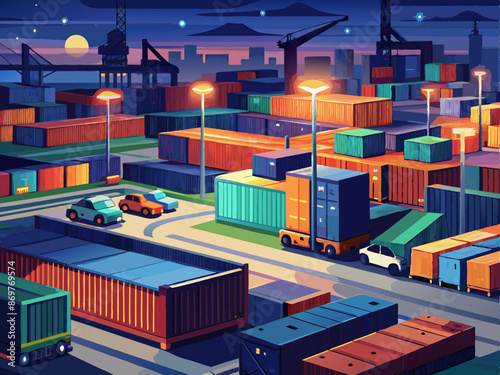 A shipping container yard illuminated at night