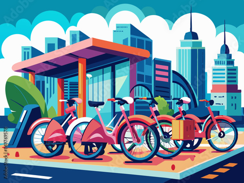 A packed bicycle-sharing station in an urban area